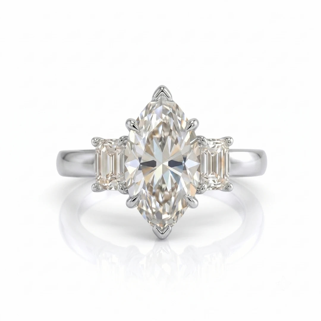 Basket Style Three Stone Emerald Cut side stones Ring