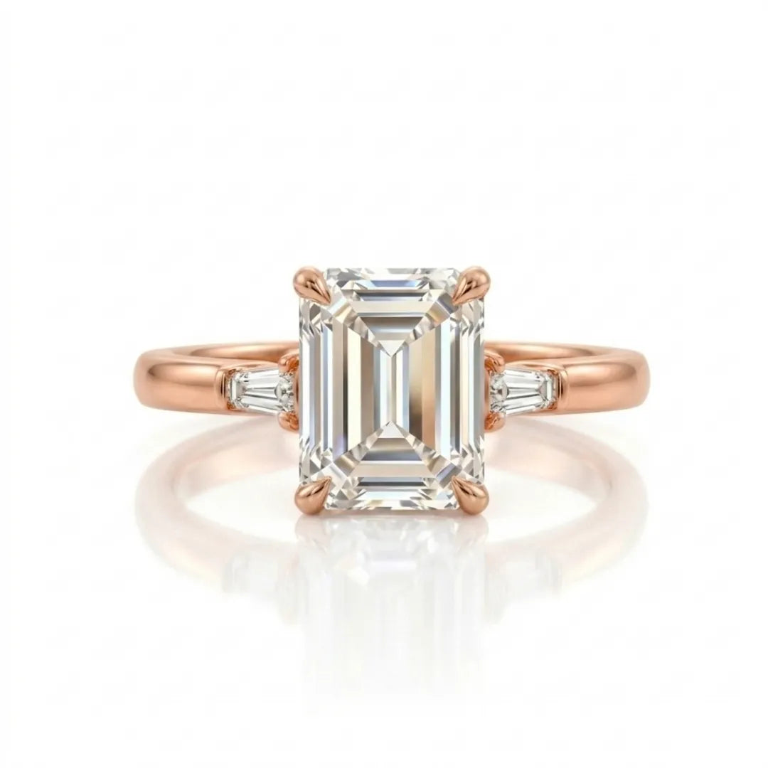 Three Stone Ring Emerald Diamand Shape