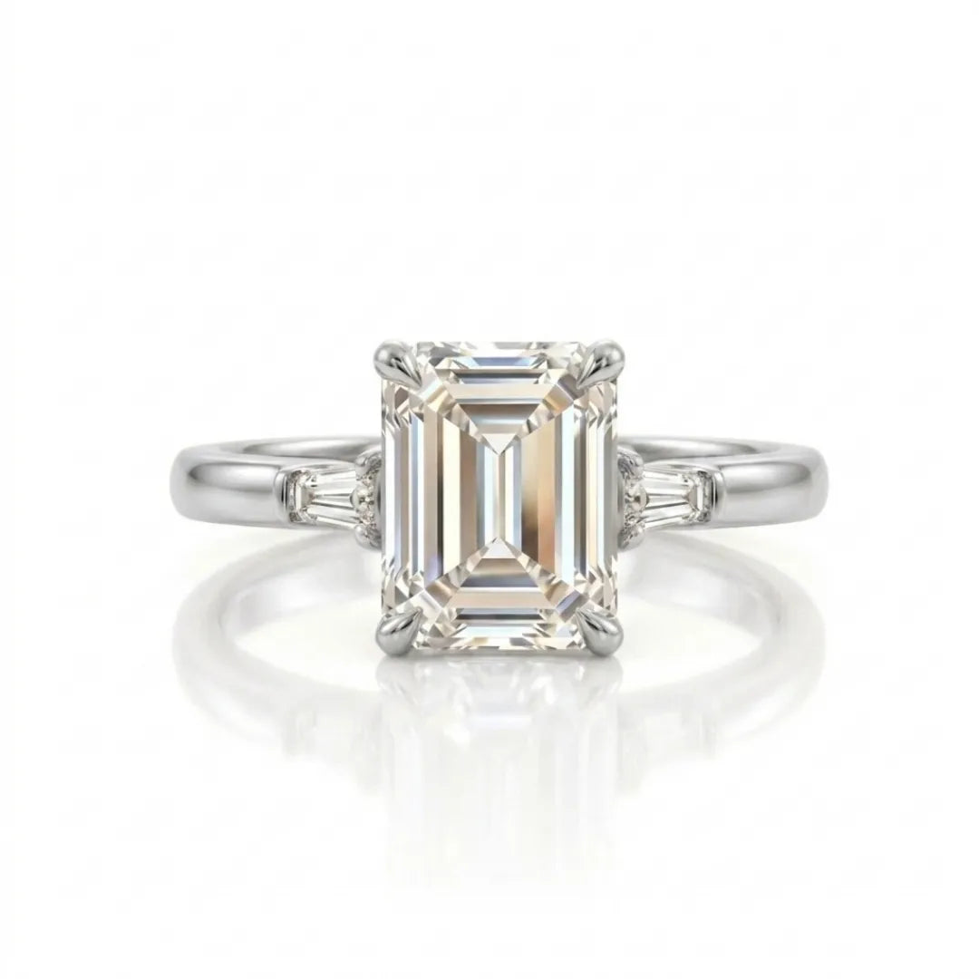 Three Stone Ring Emerald Diamand Shape
