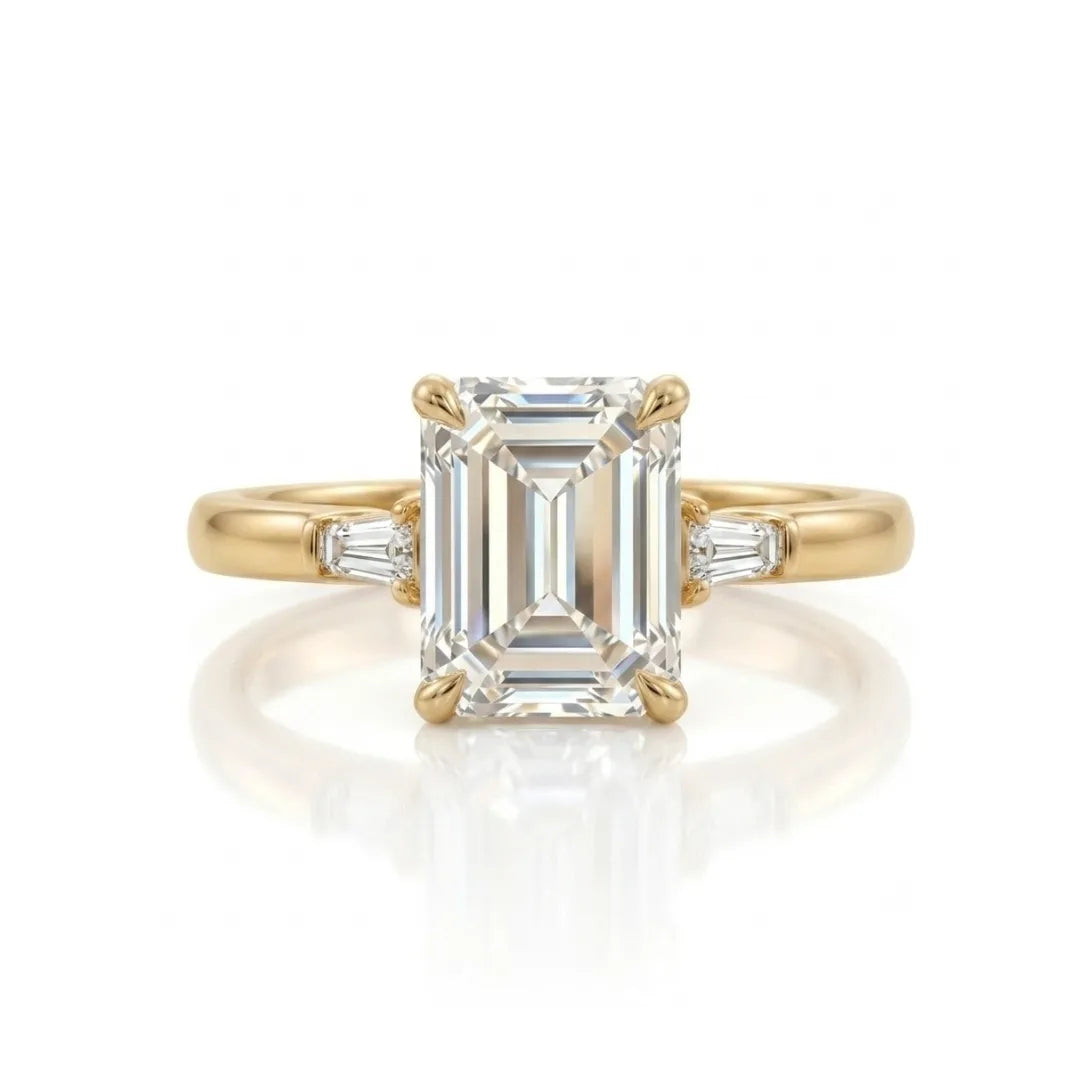 Three Stone Ring Emerald Diamand Shape