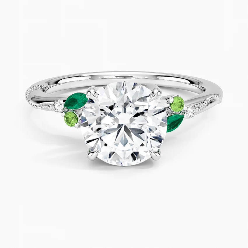 Camellia Milgrain Green Gemstone and Diamond Ring
